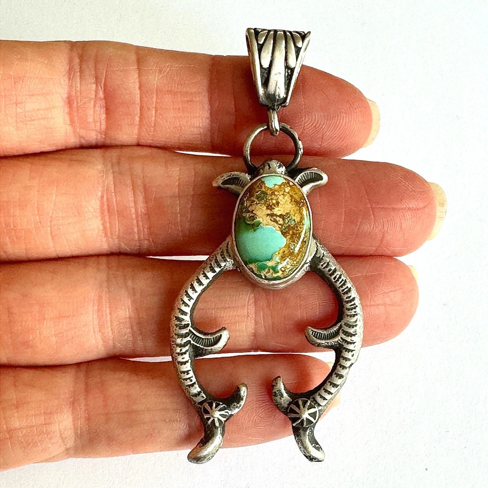 Navajo Naja Pendant Turquoise 2.5in Squash Signed Harold Tahe Sonoran Gold
